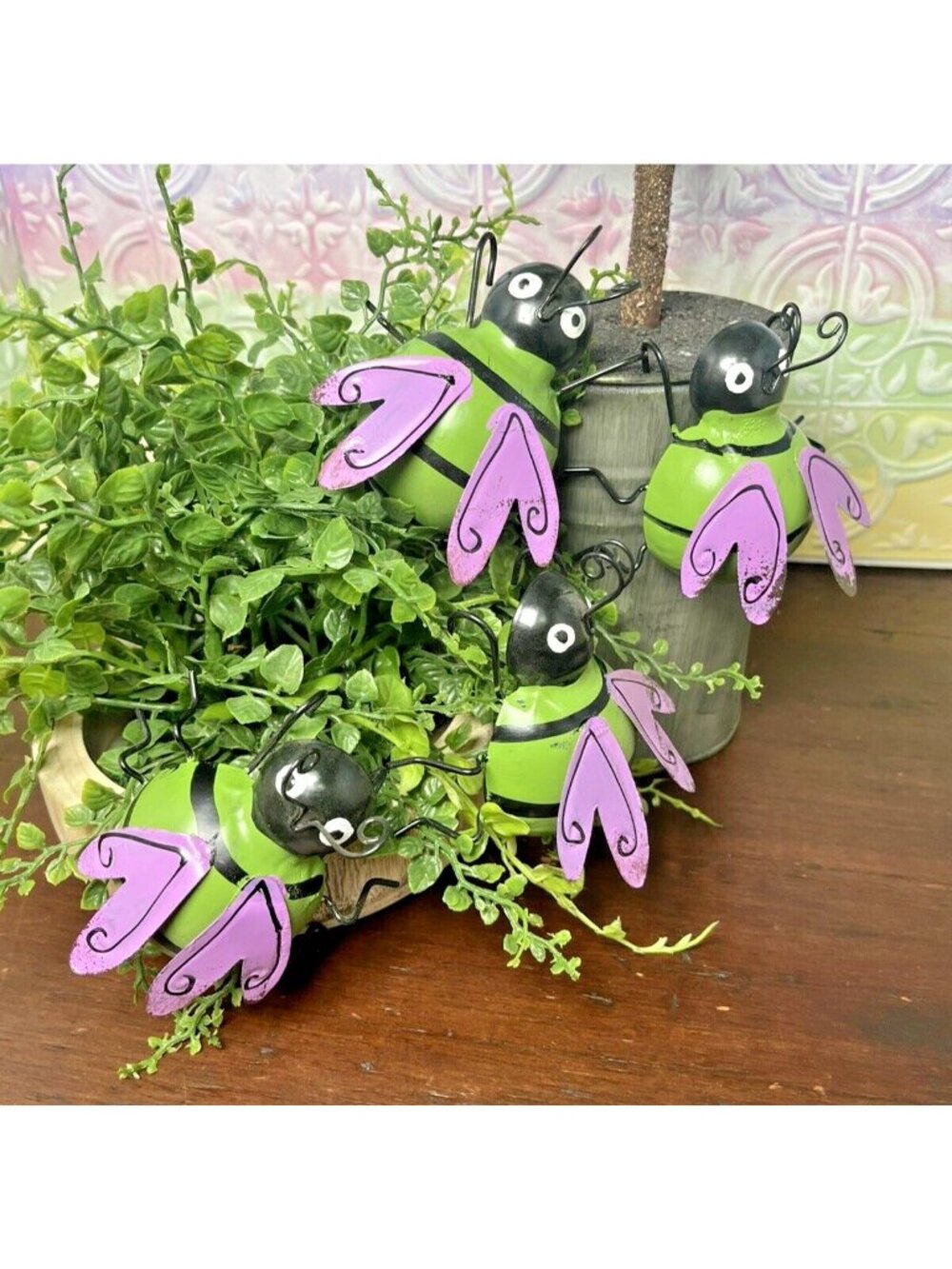 4pc Green & Purple Small Beetle Bug WHIMSICAL Garden Statue Pot Sitter U56